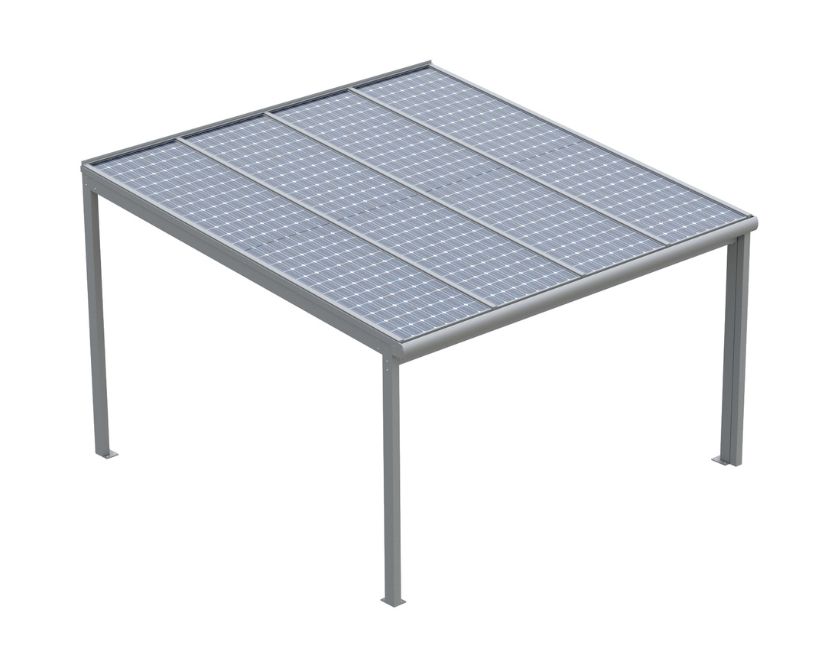 Solární pergola s 8 fotovoltaickými panely na střeše. Součást aktuální nabídky pergol.