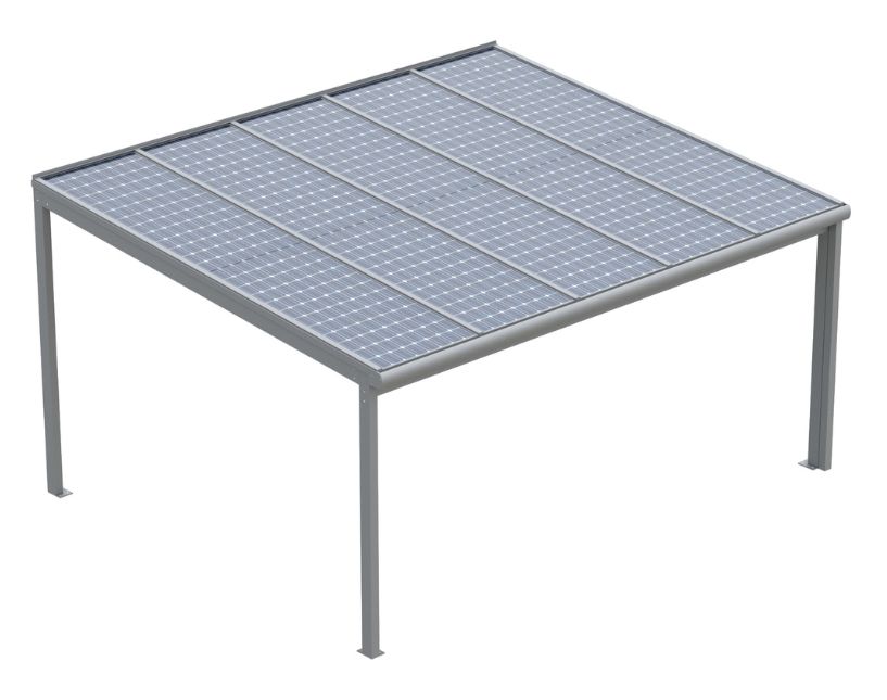 Solární pergola s 10 fotovoltaickými panely na střeše. Doplněk zvyšující komfort terasy.