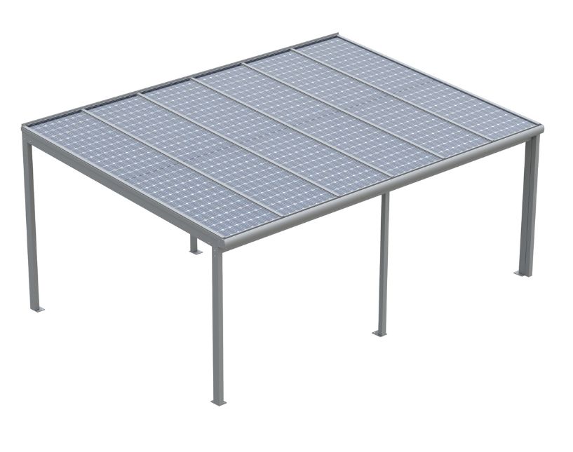 Solární pergola s podpěrnou stojkou a 12 fotovoltaickými panely. Konstrukce z eloxovaného hliníku.