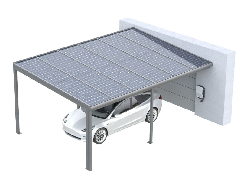Solární carport s fotovoltaickými panely kotvený ke garáži. Ukázka z aktuální nabídky produktů.