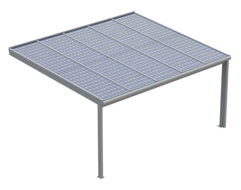 Solární pergola kotvená do stěny rodinného domu. Konstrukce z eloxovaného hliníku.