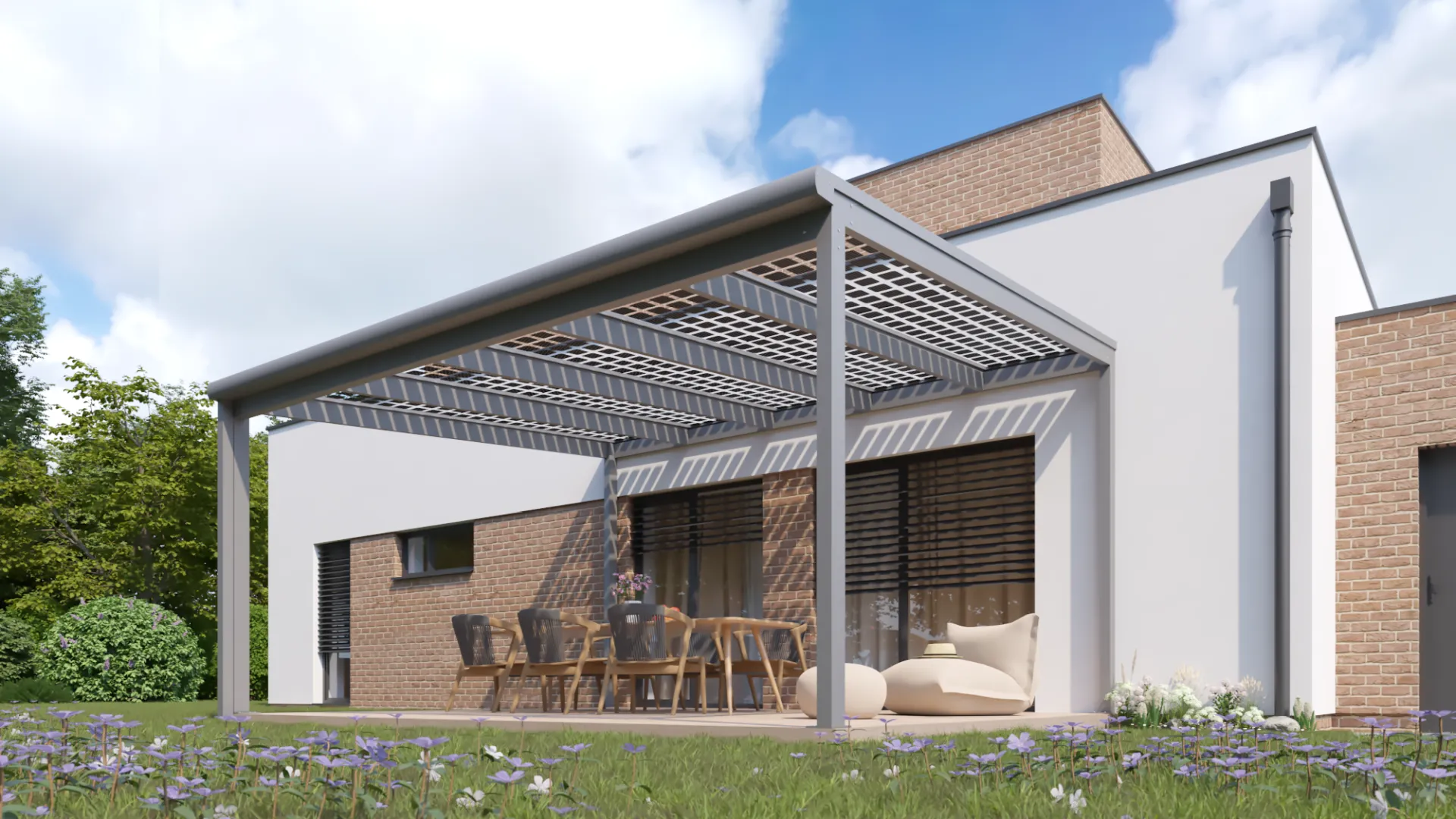 Solární pergola s průsvitnými fotovoltaickými panely nad terasou. Realizace na zahradě rodinného domu.