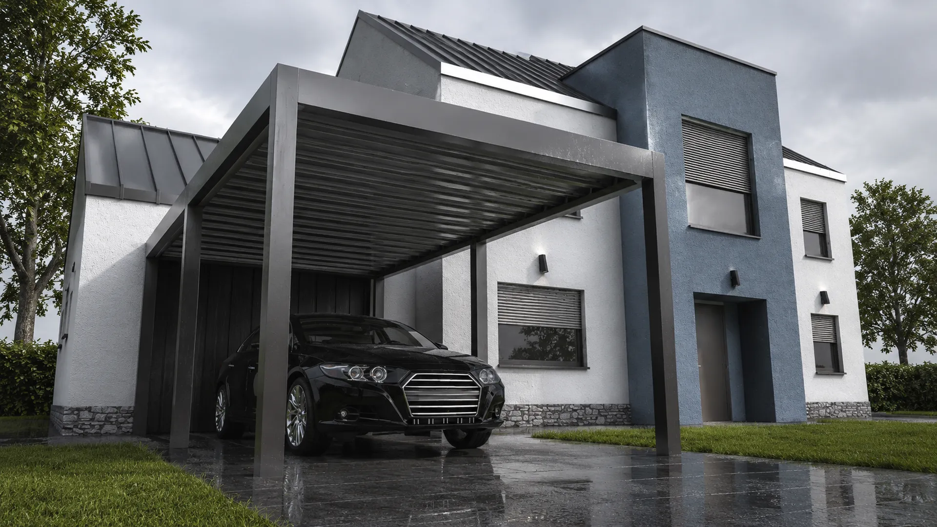 Hliníkový carport ARTOSI pro osobní auto. Ukázka z aktuální nabídky produktů. Součást realizace firmy Šenk PSO.
