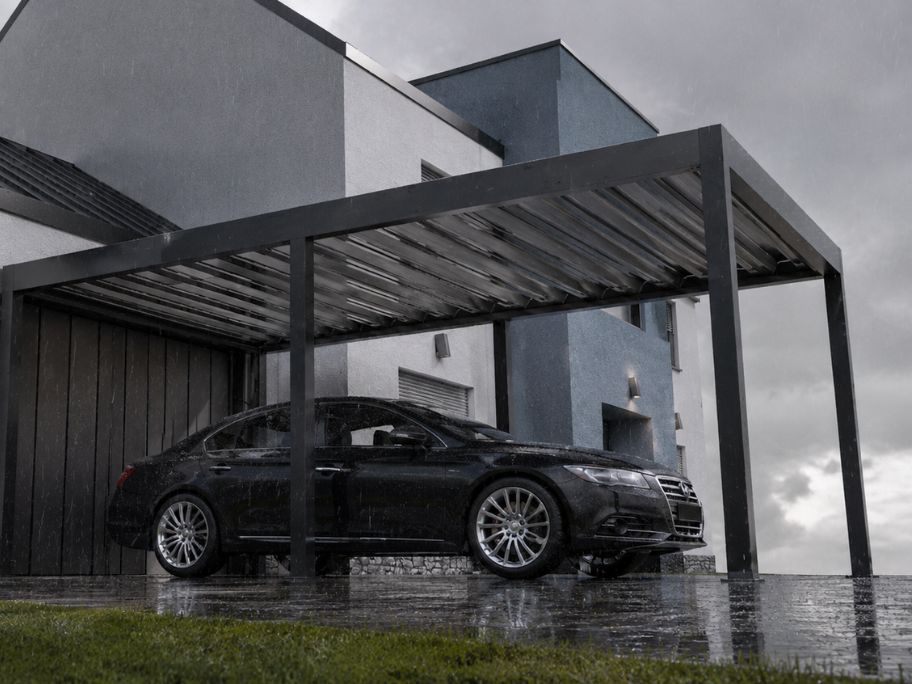 Hliníkový carport chránící auto před deštěm. Součást realizace firmy Šenk PSO. Ukázka z aktuální nabídky produktů.