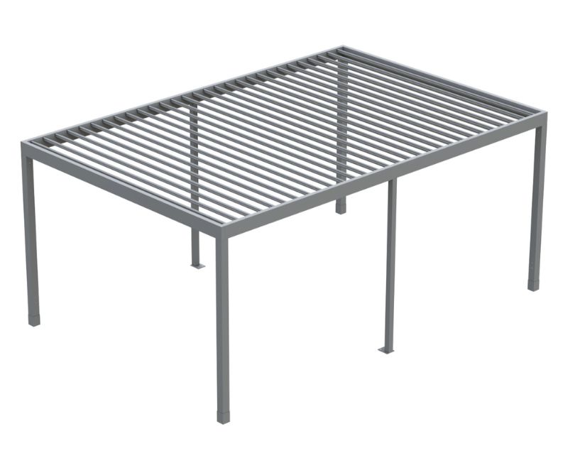 Bioklimatická pergola s naklápěcími lamelami o rozměru 6×4 m. Doplněk zvyšující komfort terasy.