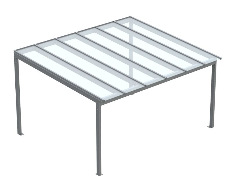 Skleněná pergola s prosklenou střechou o rozměru 5×4 m. Konstrukce z eloxovaného hliníku.