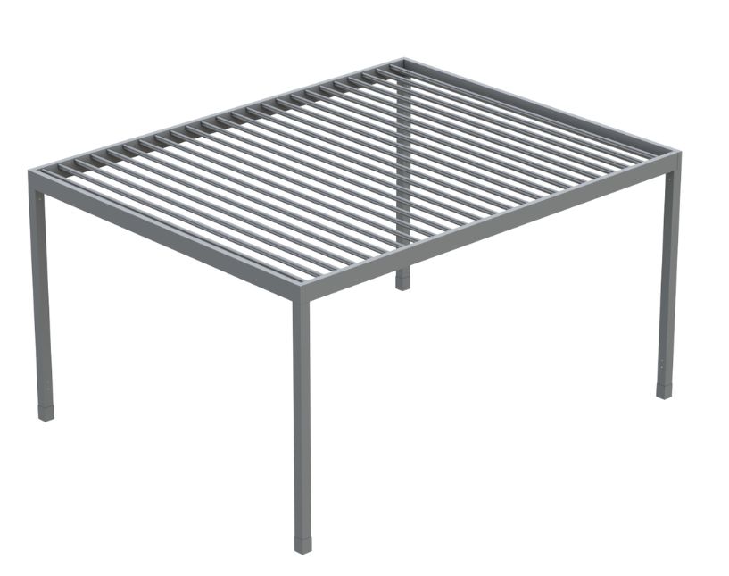 Bioklimatická pergola s naklápěcími lamelami o rozměru 5×4 m. Realizace na zahradě rodinného domu.