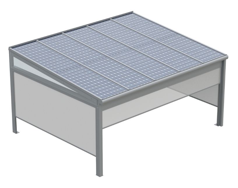 Solární pergola s fotovoltaickými panely a stínicí technikou. Doplněk zvyšující komfort terasy.