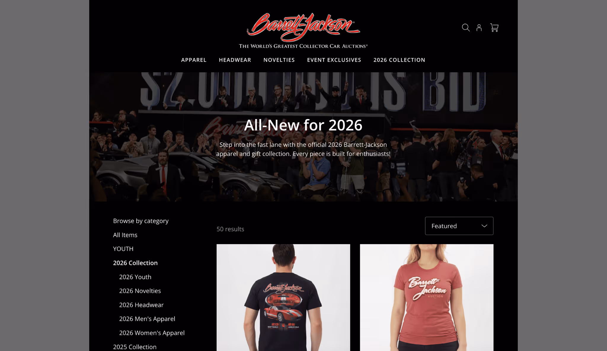 arrett-Jackson collector car auctions e-commerce website featuring 2026 apparel collection — Shopify to Square migration case study by Boldly Forge