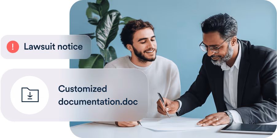Two men sitting at a table, one signing a document labeled Customized documentation.doc, with a lawsuit notice alert.
