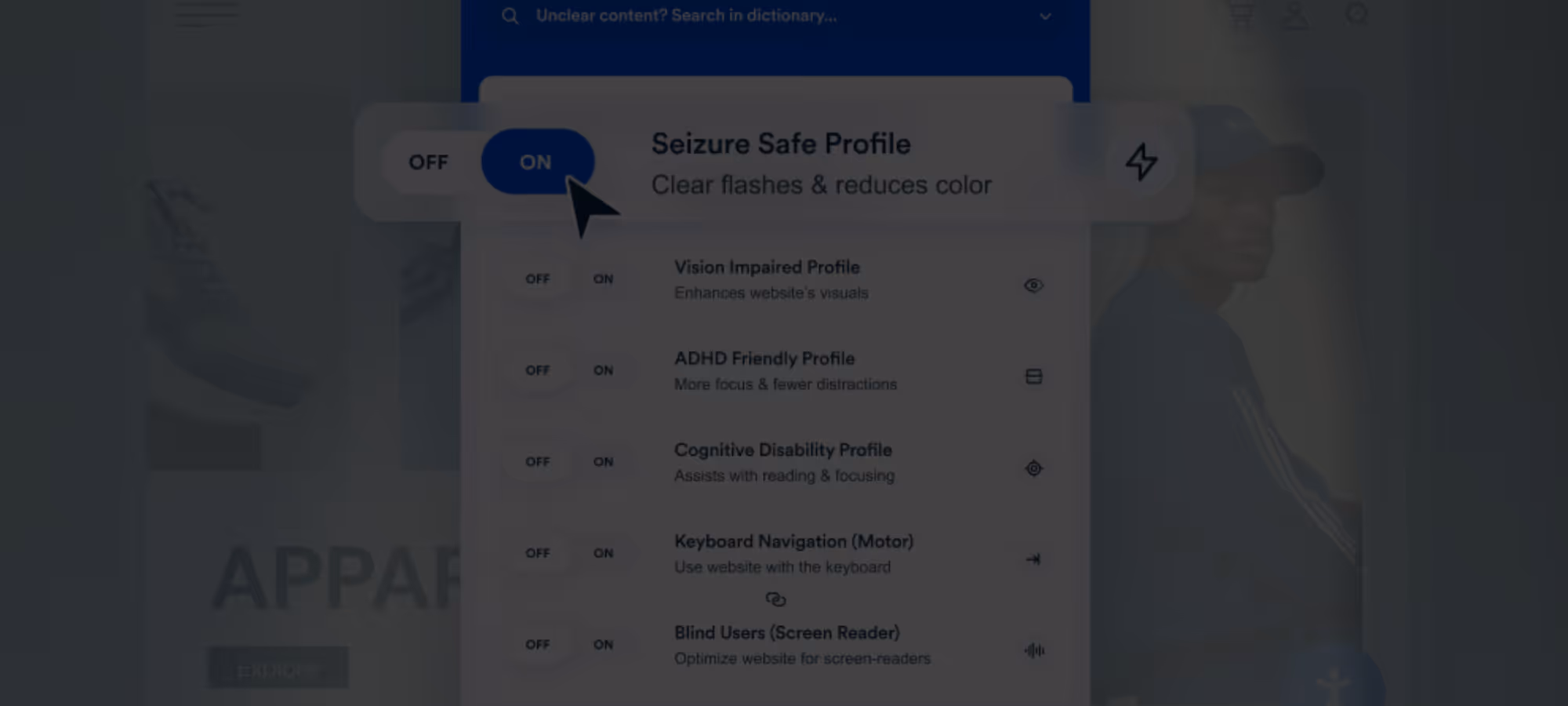 Accessibility settings menu with toggle options for Seizure Safe Profile enabled and other profiles like Vision Impaired, ADHD Friendly, Cognitive Disability, Keyboard Navigation, and Blind Users.