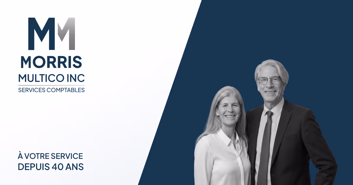 Logo de Morris Multico Inc Services Comptables avec deux personnes souriantes sur fond bleu.