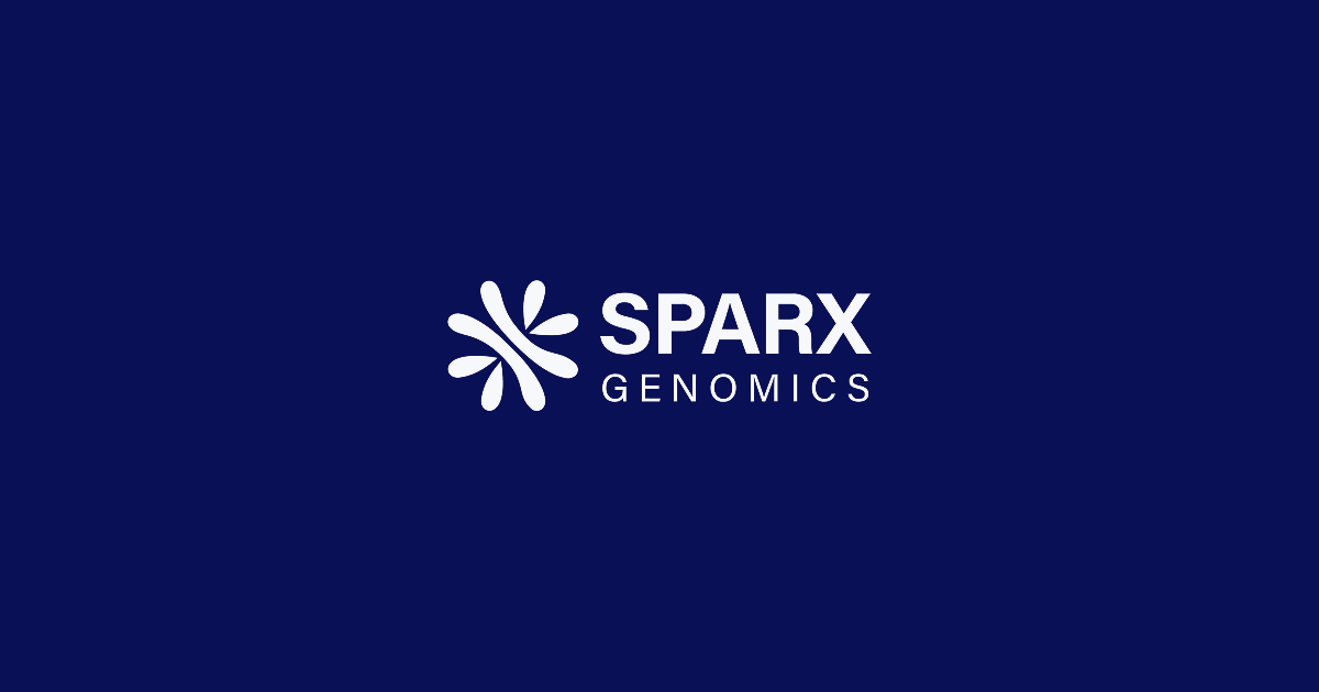 Logo de Sparx Genomics avec une icône abstraite et le texte Sparx Genomics sur fond bleu foncé.