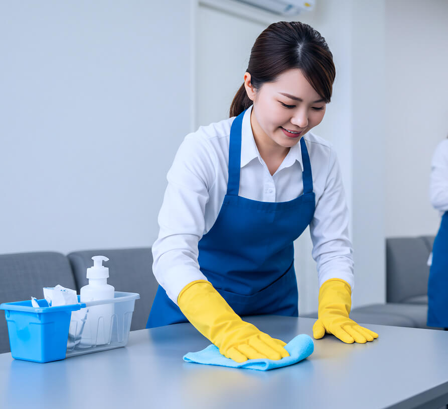 Cleaning Crew Working Diligently In A Modern Office Space