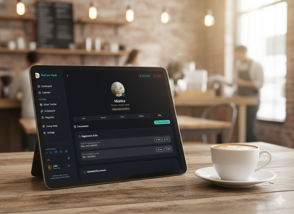 iPad showing petcare Vault app page in coffee cafe