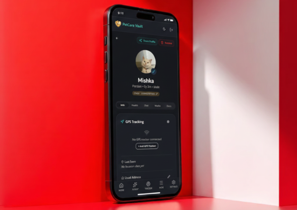 Mobile mockup showing home screen of petcare vault