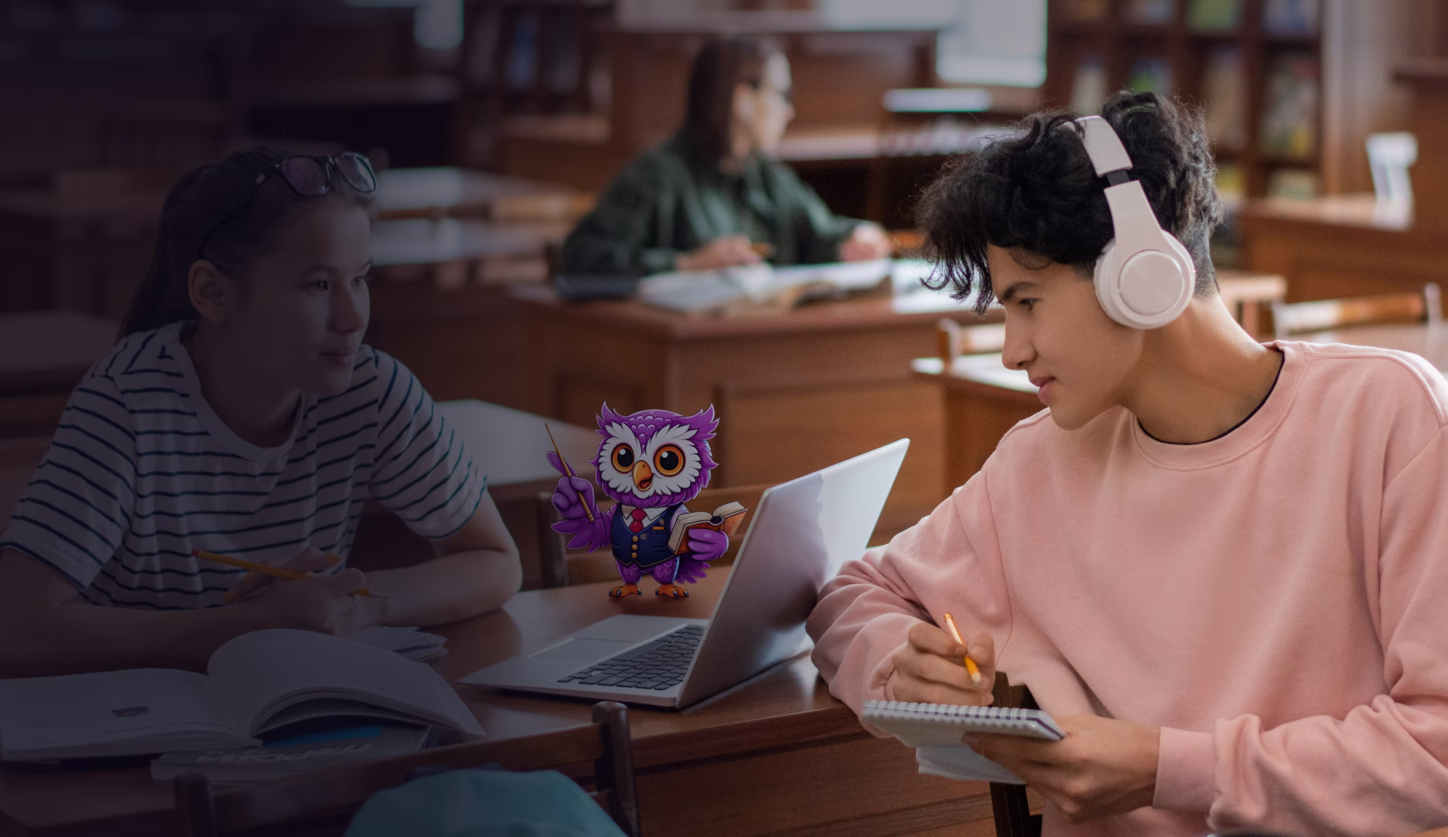 Two students at a wooden desk studying with a laptop; a cartoon purple owl in a suit appears on the laptop screen.