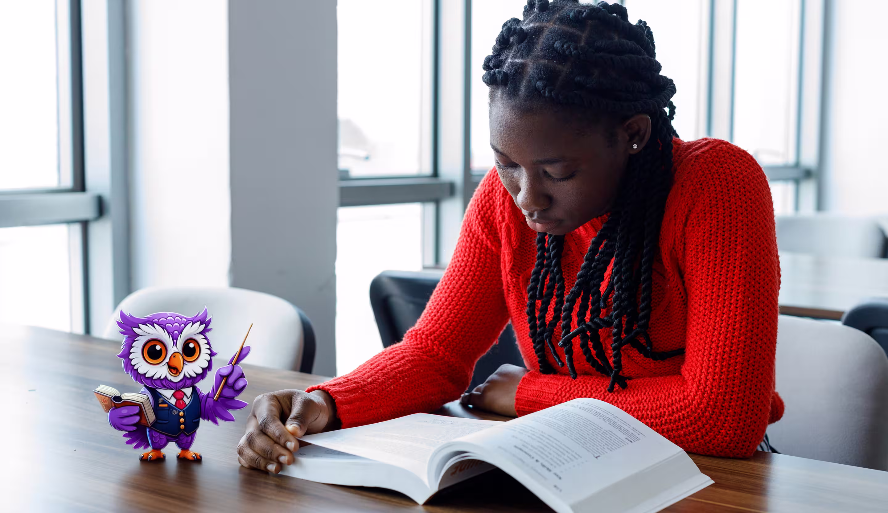 Young Black woman with braided hair wearing a red sweater, reading a book at a table in a bright room.