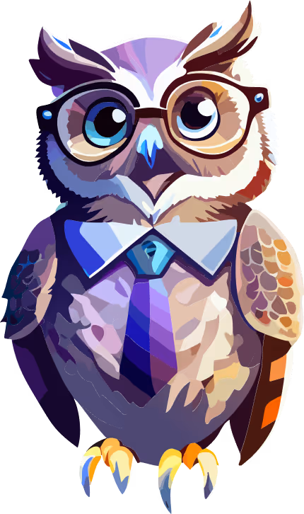 Illustration of an owl wearing glasses, a white collar, and a blue and purple tie.
