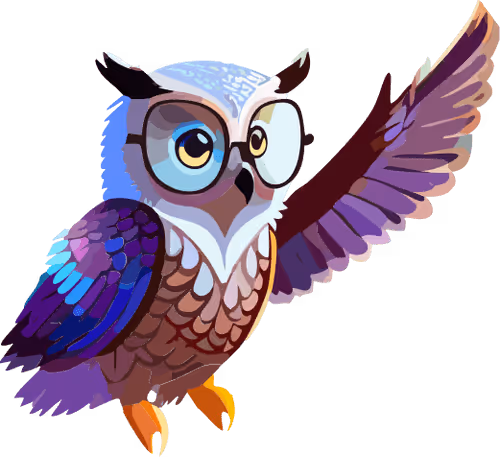 Colorful cartoon owl with glasses spreading one wing, showing blue, purple, and brown feathers.
