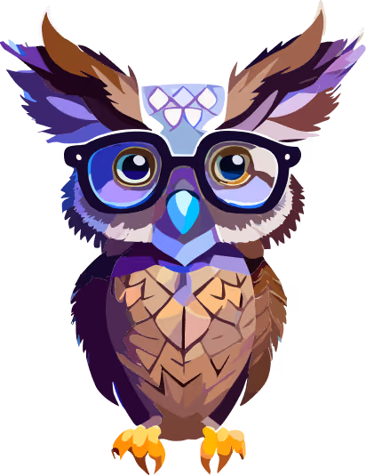 Colorful stylized owl illustration wearing large black glasses.
