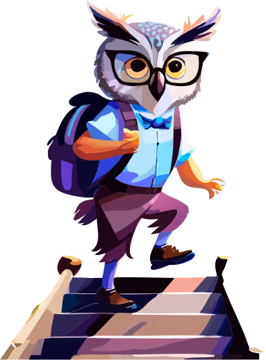 Anthropomorphic owl wearing glasses, a blue shirt with a bow tie, purple pants, and a backpack, walking up stairs.