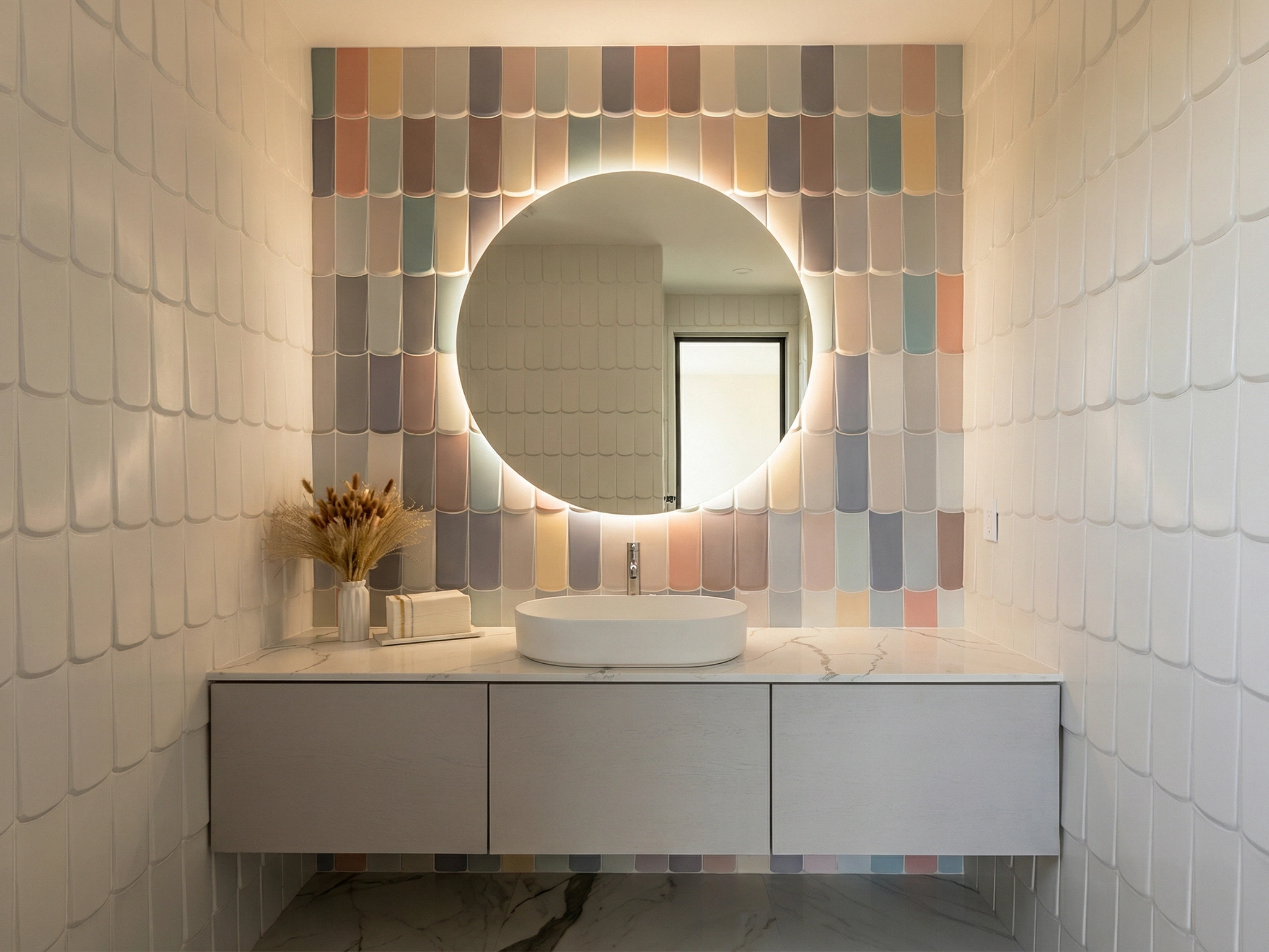 Pastel fish scale tile powder room bathroom with floating vanity and round mirror in Miami home