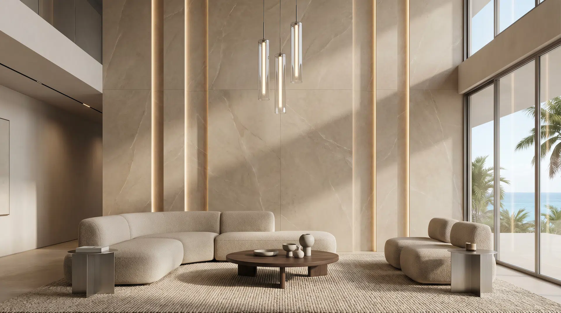 Completed luxury Miami interior featuring large-format wall panels, integrated LED lighting, designer pendant fixtures, and modern minimalist furniture in a high-end waterfront living space.