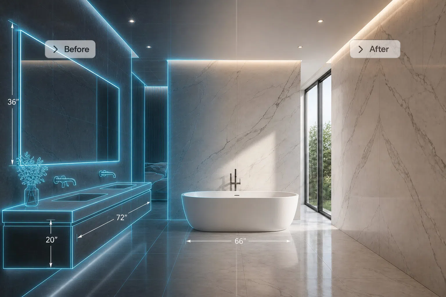 Before and after bathroom transformation showing 3D digital planning with measurements transitioning into completed luxury large-format tile bathroom installation with freestanding tub and modern slab walls in Miami.