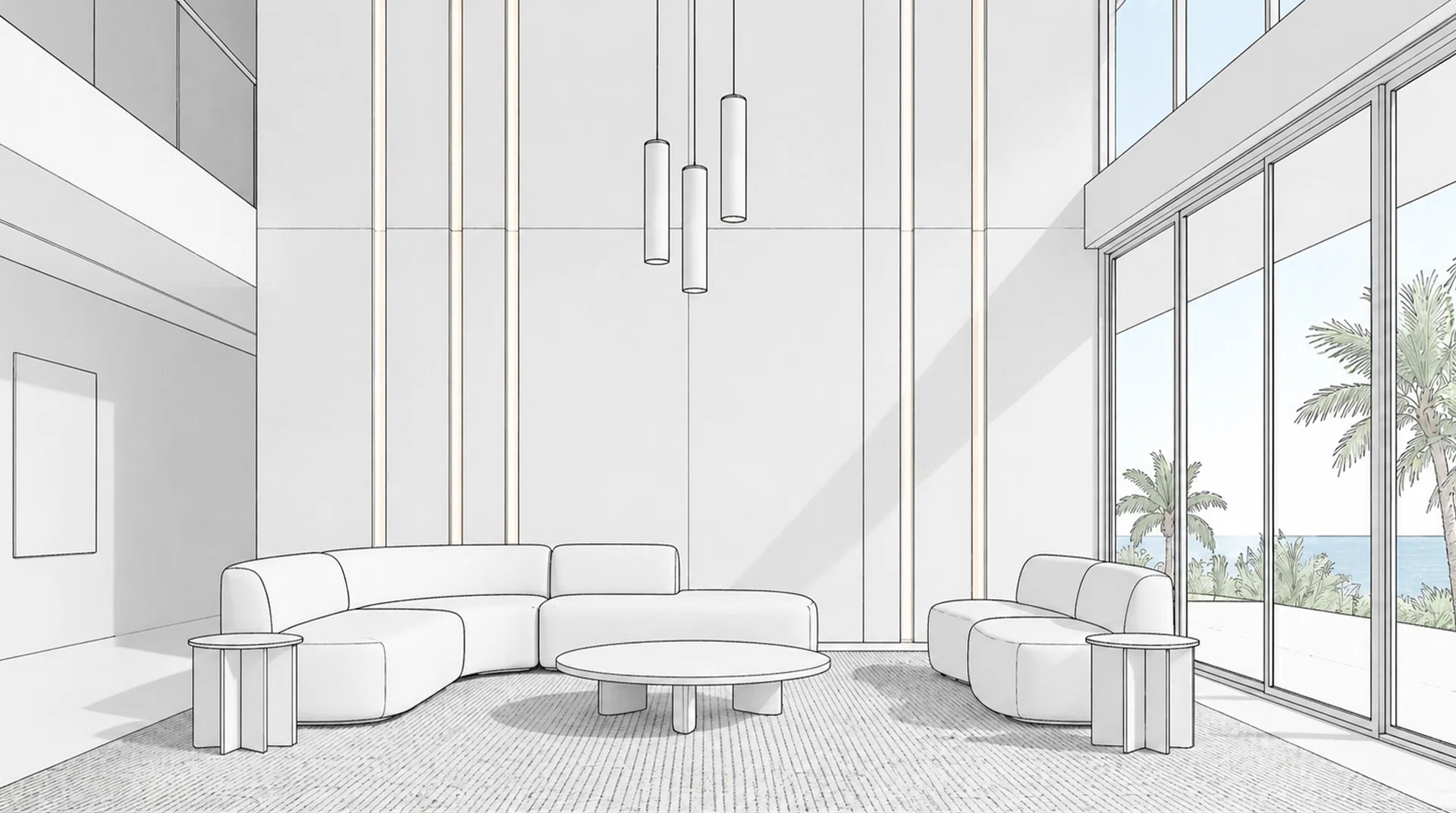 Minimalist interior concept rendering showing furniture layout, lighting design, and architectural planning for a luxury waterfront Miami living space before construction begins.