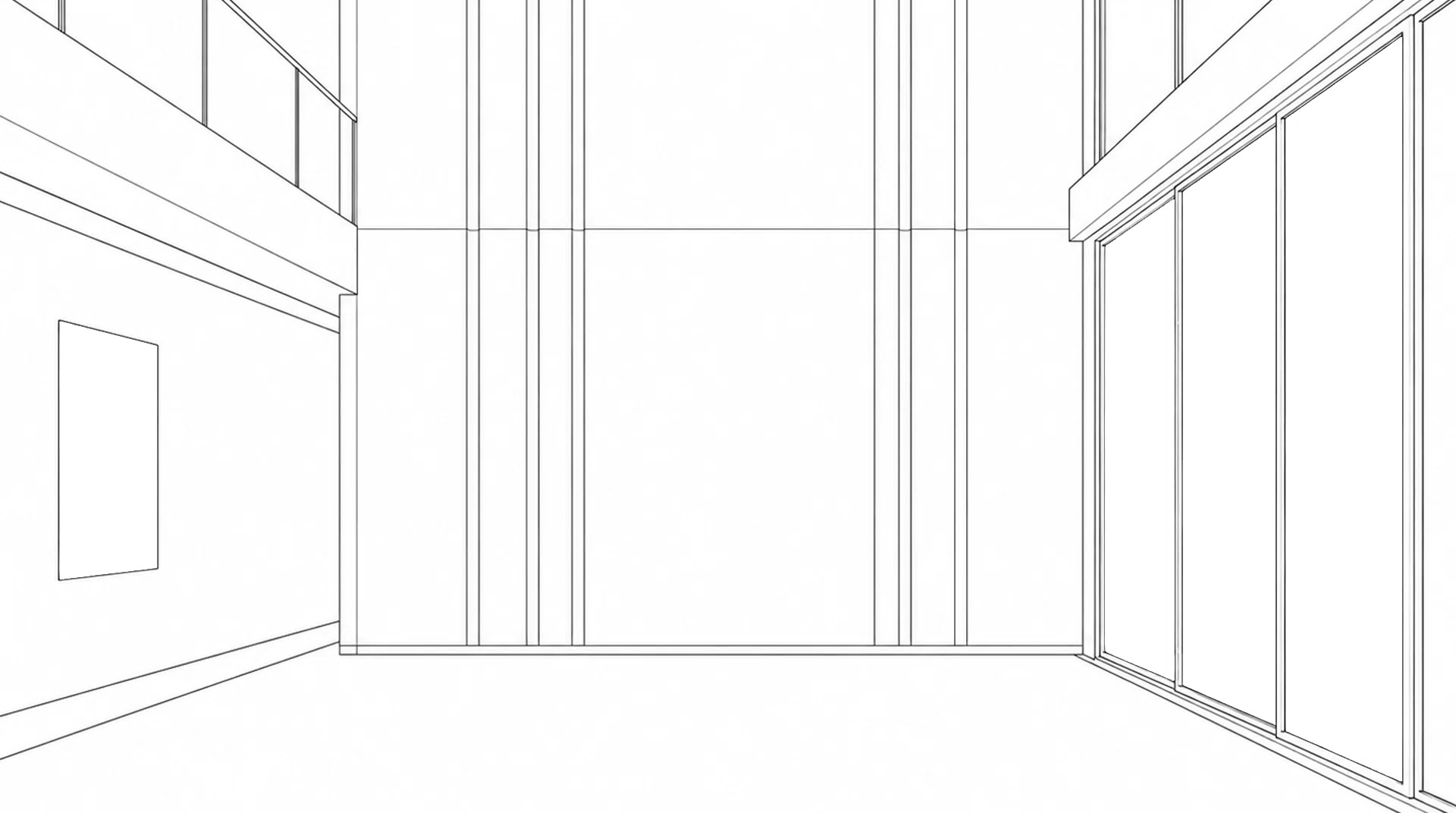 Architectural 3D wireframe visualization of a modern luxury Miami interior showing early-stage spatial planning, wall proportions, and floor-to-ceiling window layout before material selection and installation.