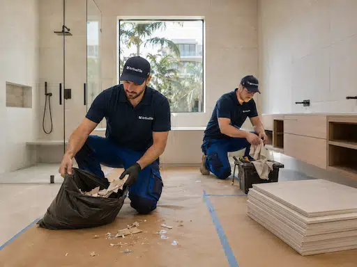 Professional tile installers cleaning and organizing a luxury bathroom jobsite during a high-end tile installation project in Miami, with neatly stacked large-format tiles and protected flooring.
