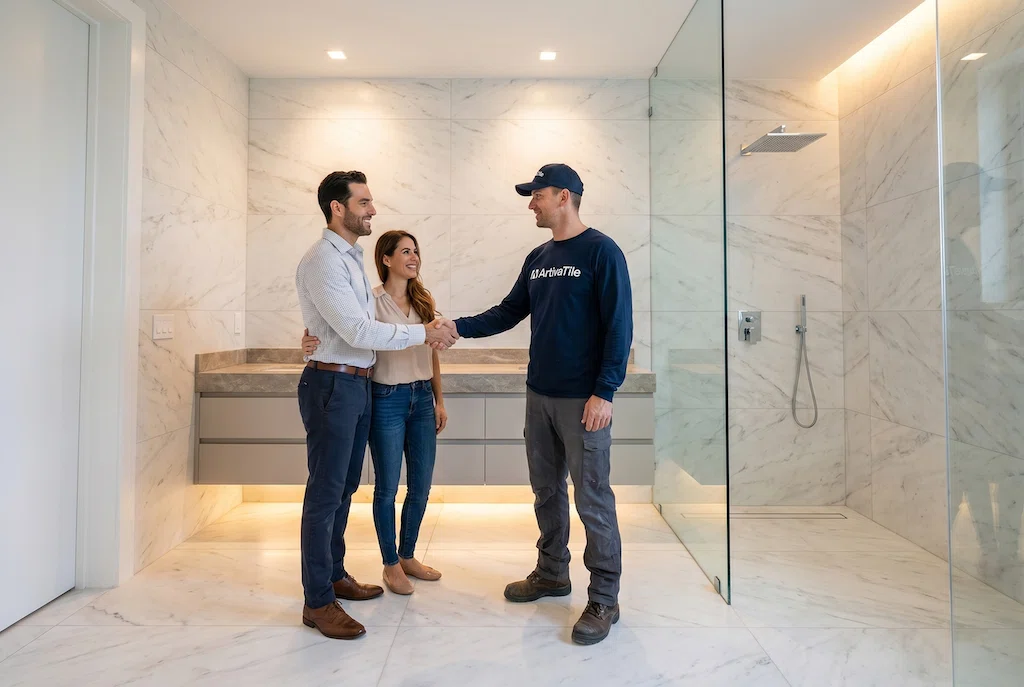 Luxury bathroom renovation completed in Miami with homeowners shaking hands with the tile installation contractor inside a finished marble bathroom with walk-in shower and large-format tile.
