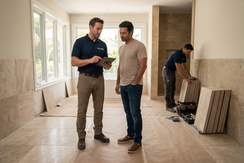 Tile installation project consultation in Miami with a homeowner reviewing bathroom renovation progress and tile layout details with an experienced contractor on-site.