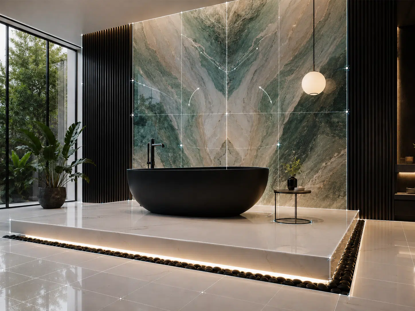 Luxury Miami bathroom with green bookmatched slab feature wall, black freestanding bathtub, elevated platform, and architectural 3D planning overlay showing precision tile layout and slab alignment.