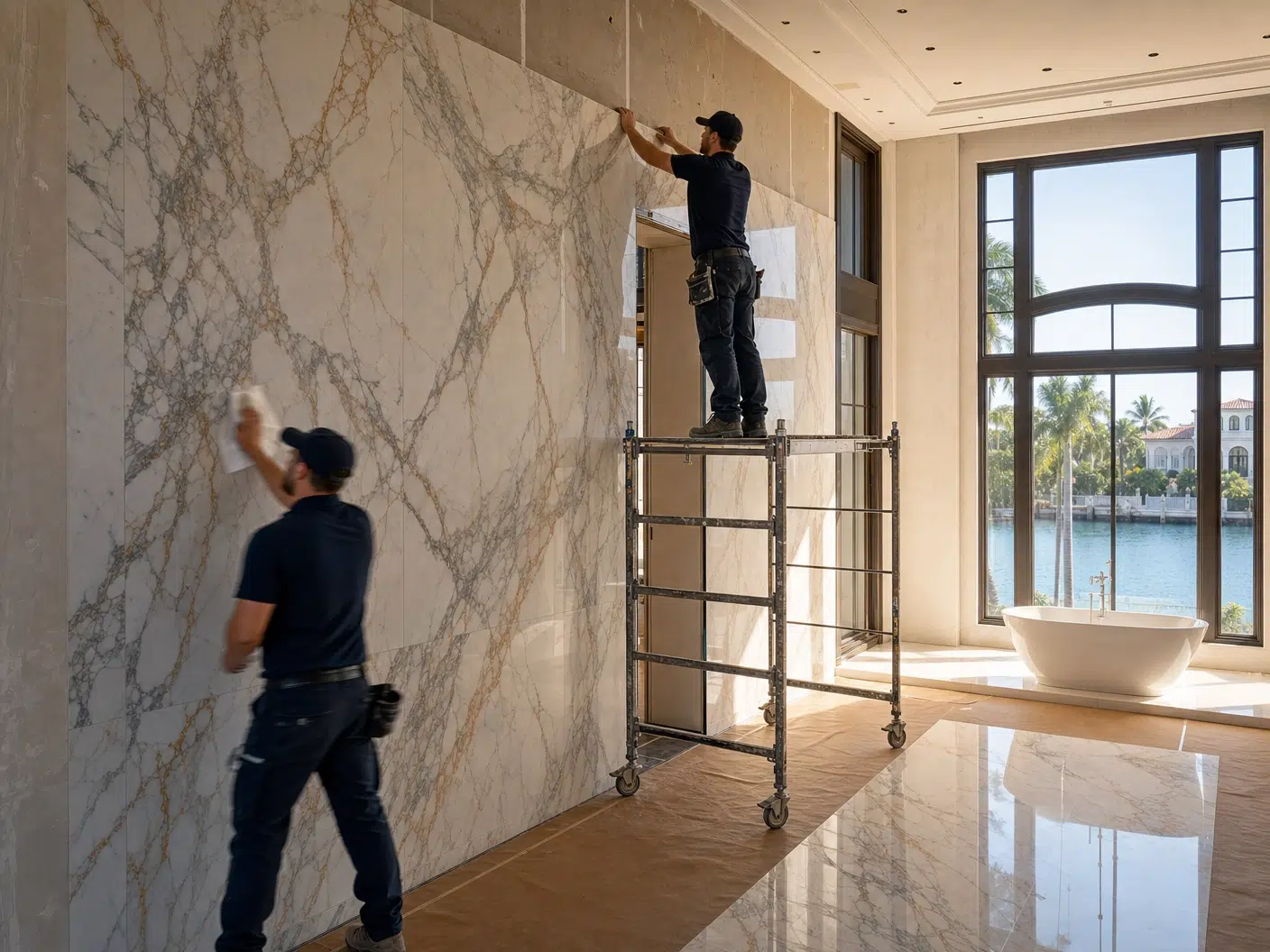 ArtivaTile installers working on a luxury large-format slab tile wall installation inside a modern Miami villa with floor-to-ceiling marble-look porcelain panels and waterfront views.
