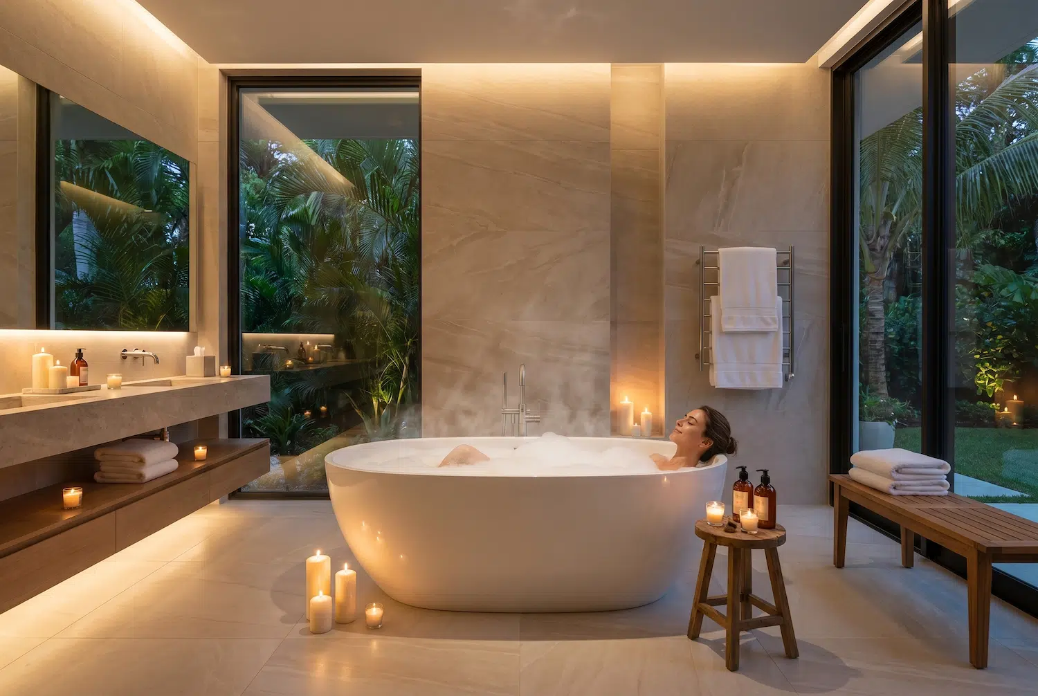 Luxury spa-style bathroom in a modern Miami villa with a freestanding soaking tub, soft ambient lighting, large-format porcelain tile, and a woman relaxing in a bubble bath surrounded by tropical views.