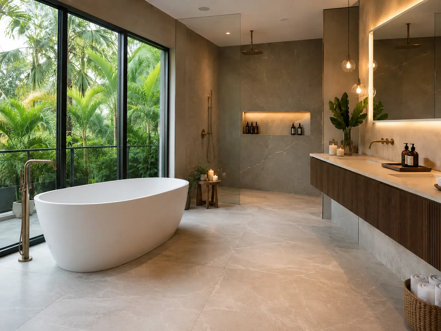 Modern spa-style bathroom renovation in Miami with large-format porcelain tile flooring, freestanding bathtub, floating wood vanity, walk-in shower, and tropical outdoor views.