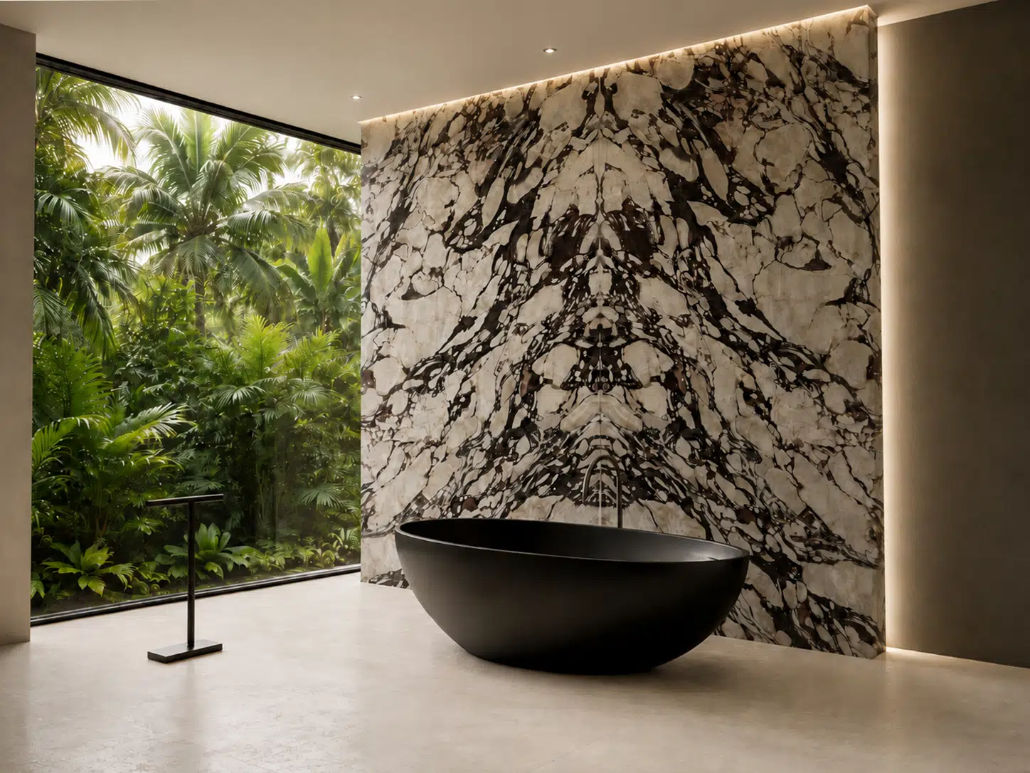 Luxury Miami bathroom with dramatic black and white bookmatch slab feature wall, freestanding black bathtub, hidden LED lighting, and tropical floor-to-ceiling jungle views.