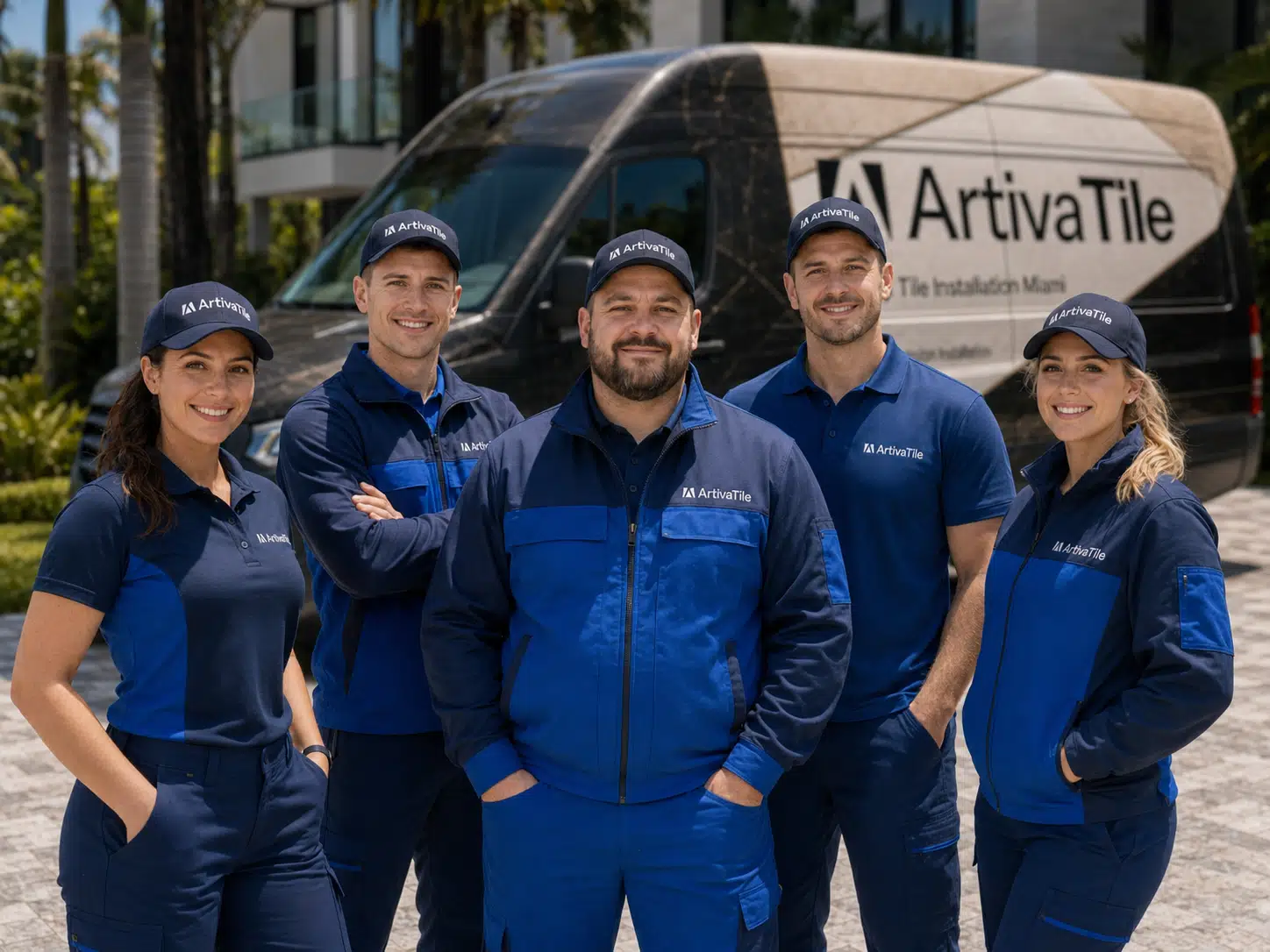 Experienced ArtivaTile installation team standing in front of company van outside a luxury Miami home, specializing in professional bathroom and large-format tile installation services.