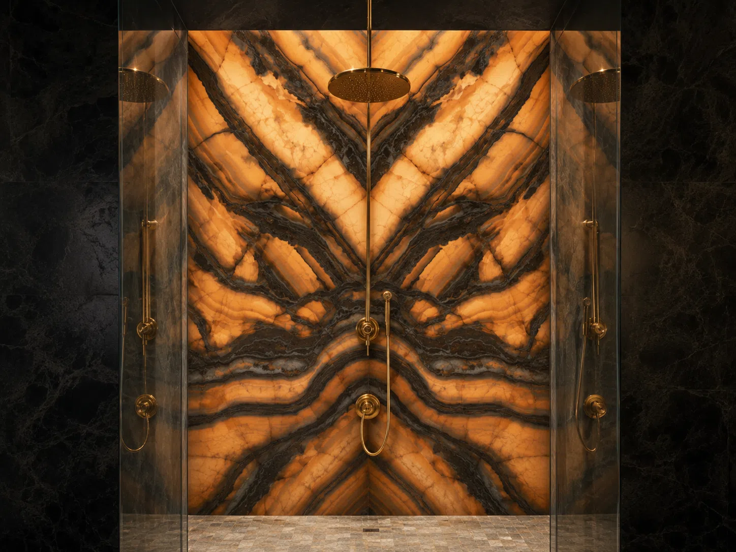Luxury walk-in shower with dramatic amber onyx bookmatch slab wall, brass fixtures, black marble tile, and oversized rainfall shower design in a modern Miami bathroom.