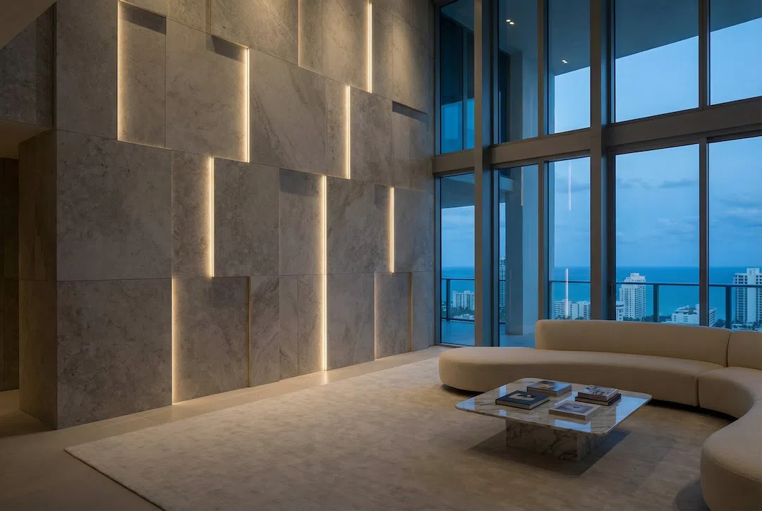 Luxury living room feature wall with large-format stone-look tile panels, integrated LED lighting, and custom architectural tile installation overlooking the Miami skyline.