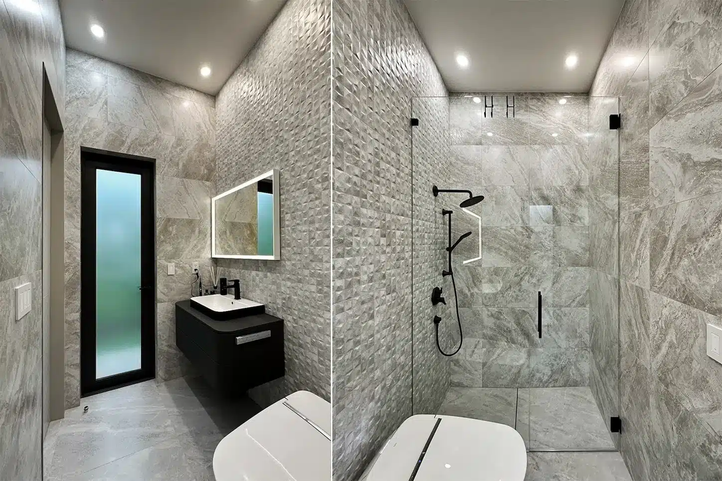 Modern master bathroom featuring large-format gray porcelain tile, a frameless glass shower, textured feature wall, floating vanity, and precision tile installation by Artiva Tile.