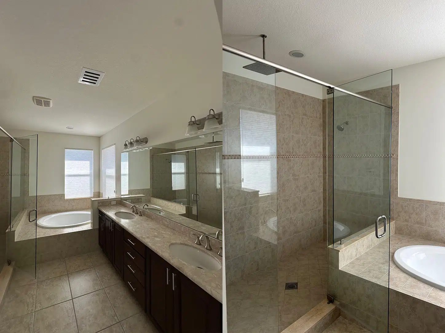 Primary bathroom before remodeling in Parkland, FL, with beige tile, a built-in tub, dark wood double vanity, and glass shower.