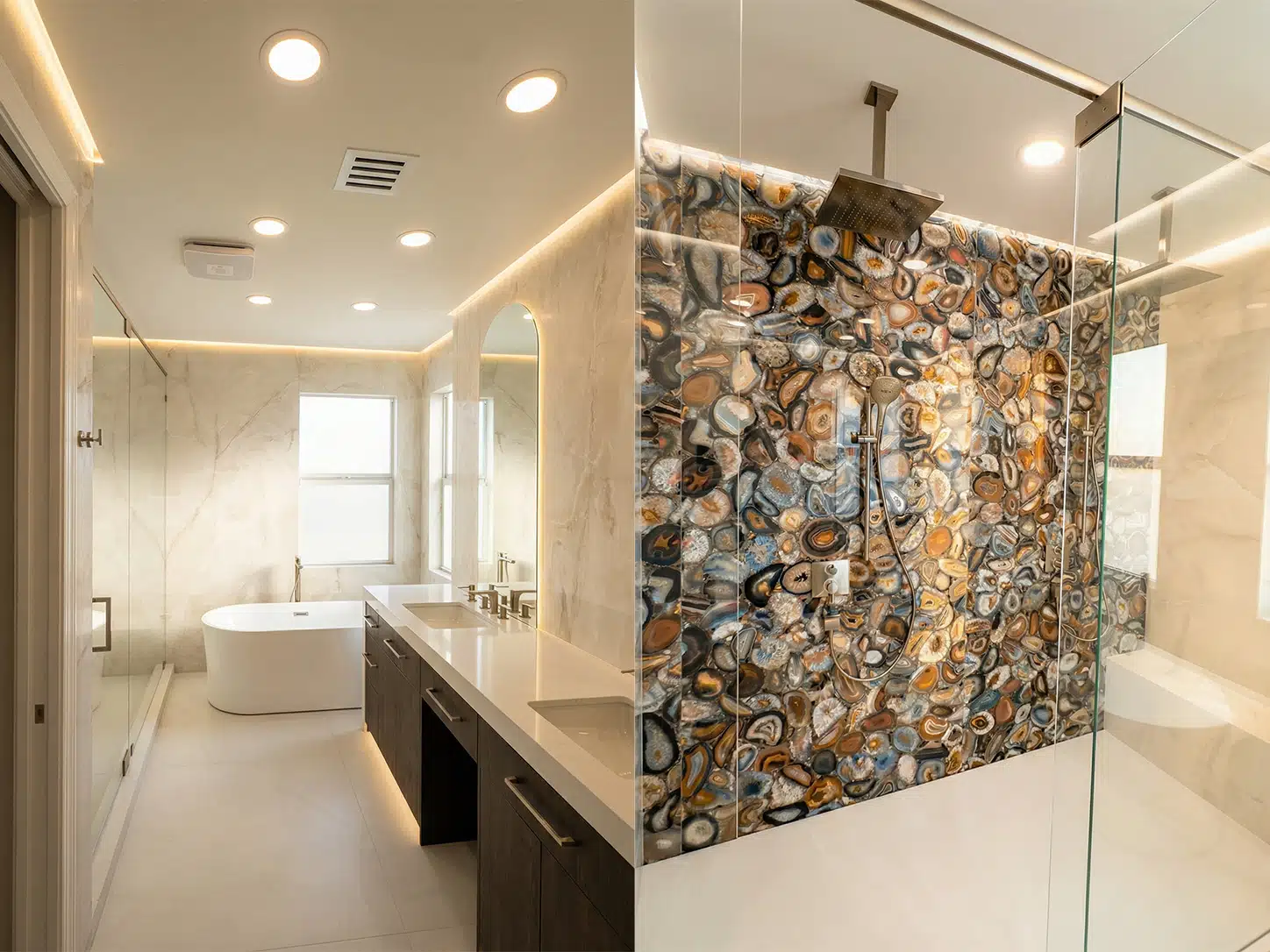 Remodeled primary bathroom in Parkland, FL, with a freestanding tub, floating double vanity, and agate-pattern shower wall.