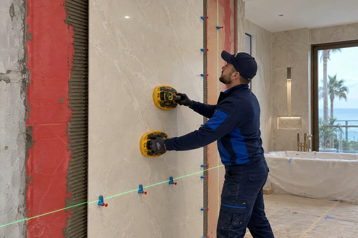 Comparison of a luxury master bathroom 3D design and the completed renovation, showcasing ArtivaTile's precision planning, large-format porcelain slab installation, and flawless project execution.