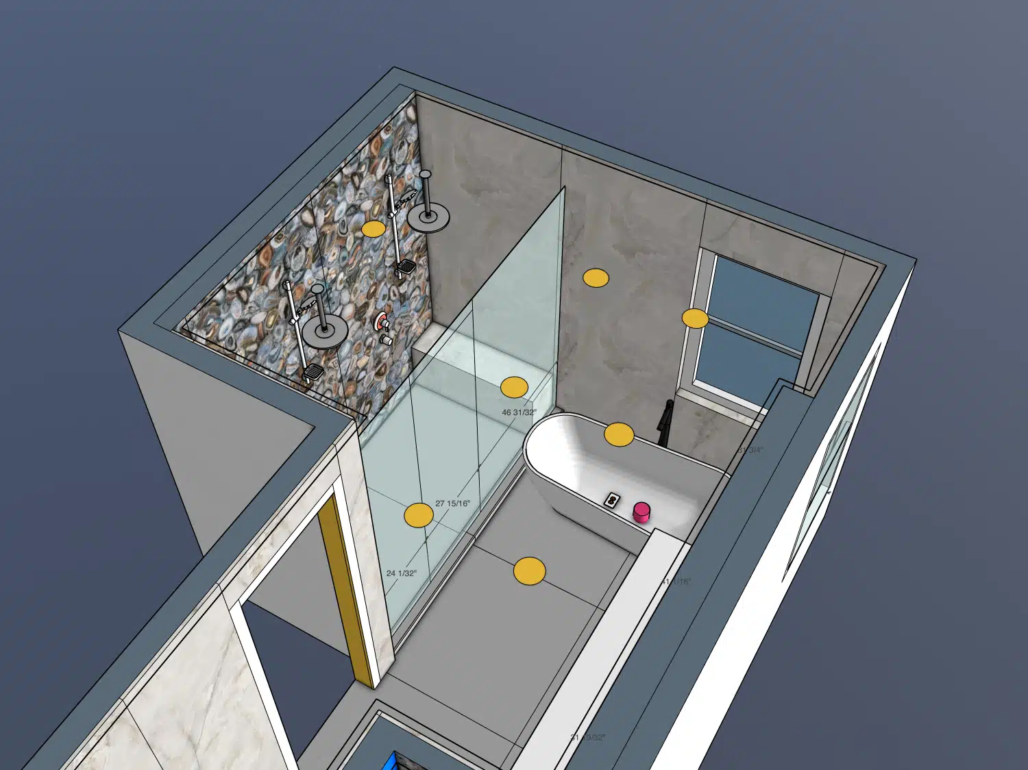Detailed 3D bathroom remodeling plan showing the shower layout, glass enclosure, freestanding bathtub, accent tile placement, and large-format porcelain installation.