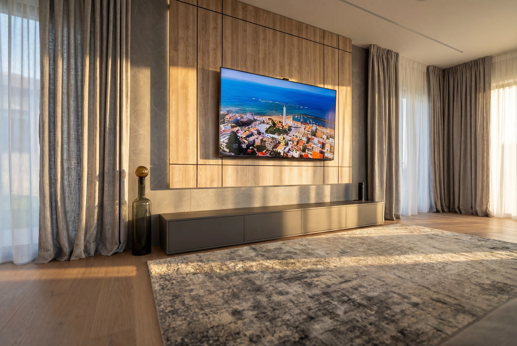 Custom wood panel TV wall installation with integrated media unit in Miami living room