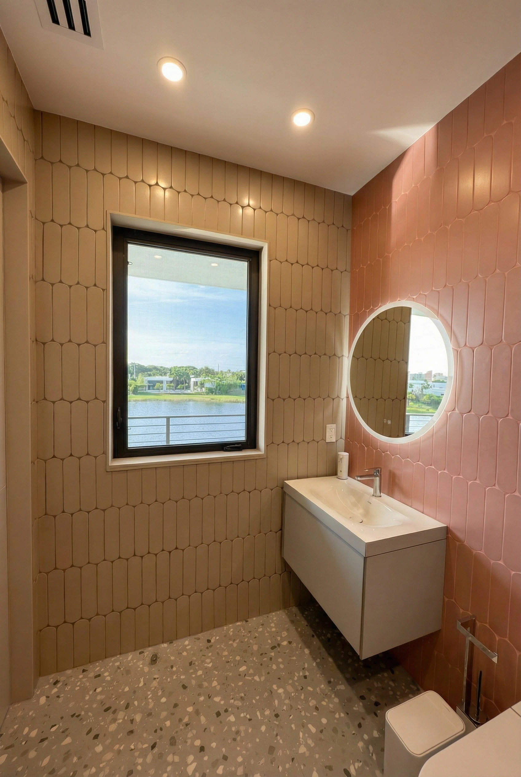 Subway tile installation on exterior wall in Miami residence