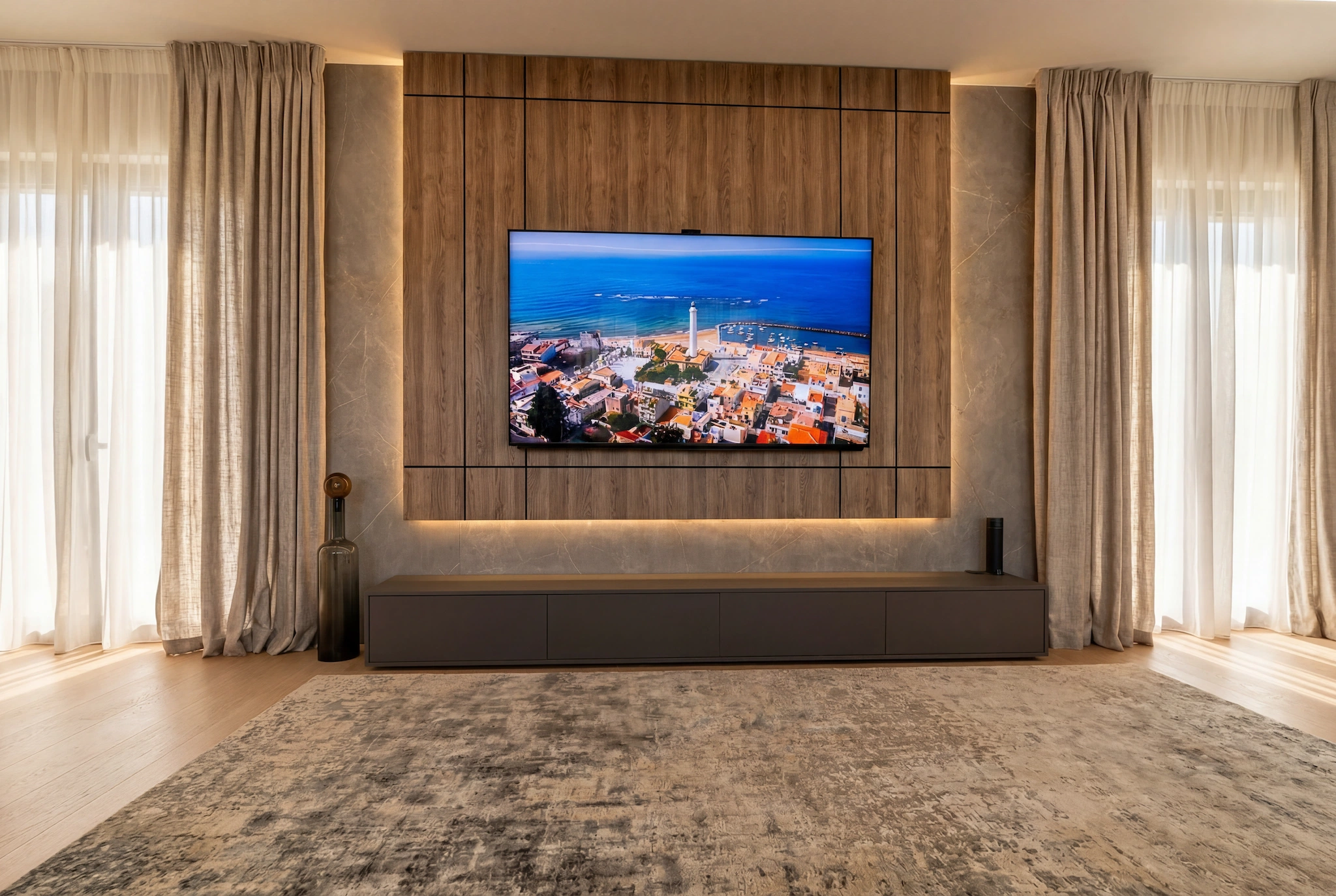 Modern living room featuring custom wall panel installation and integrated lighting in Miami home